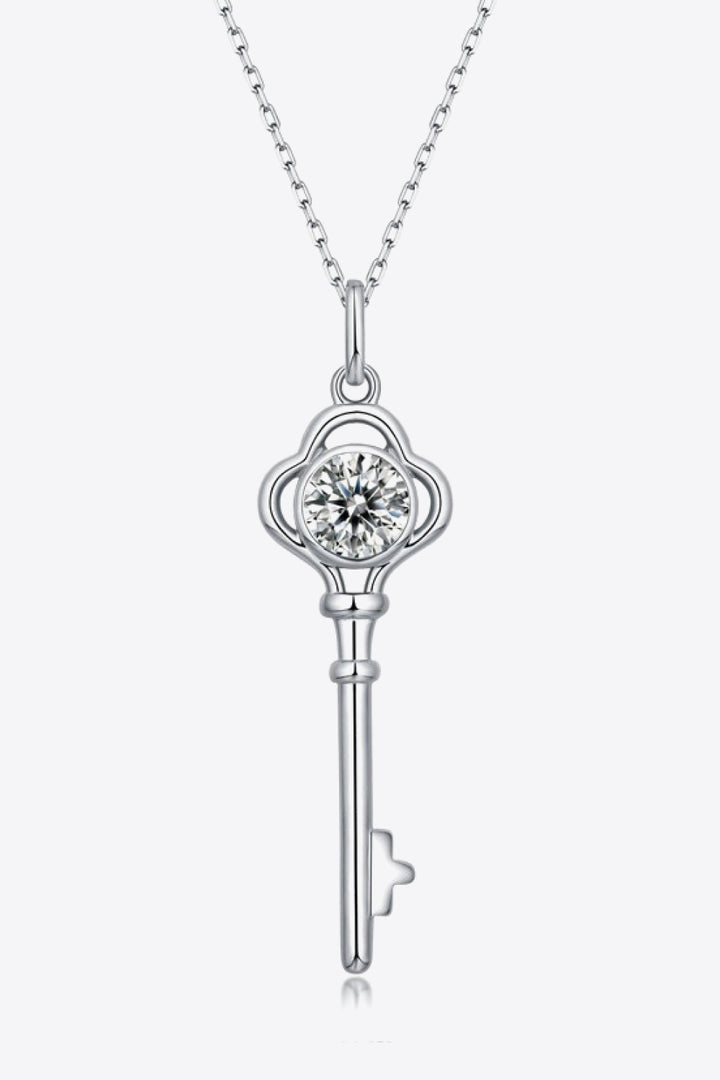 925 Sterling Silver 1 Carat Moissanite Key Pendant Necklace Silver