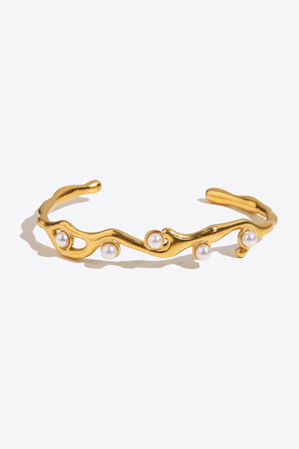 Inlaid Synthetic Pearl Open Bracelet Gold One Size