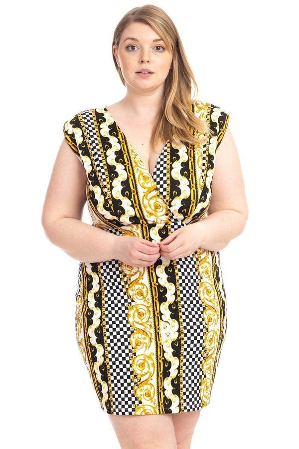 Plus Size Boarder Print V-neck Bodycon Dress