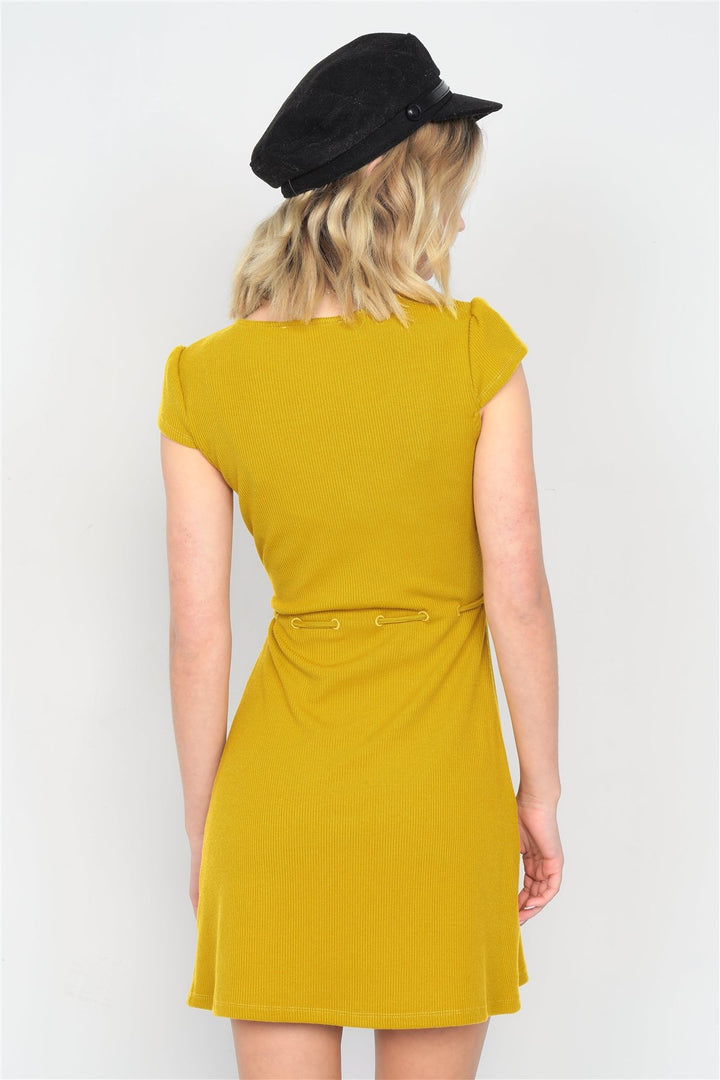 Mustard Ribbed V-neck Cap Sleeve Mini Solid Casual Dress