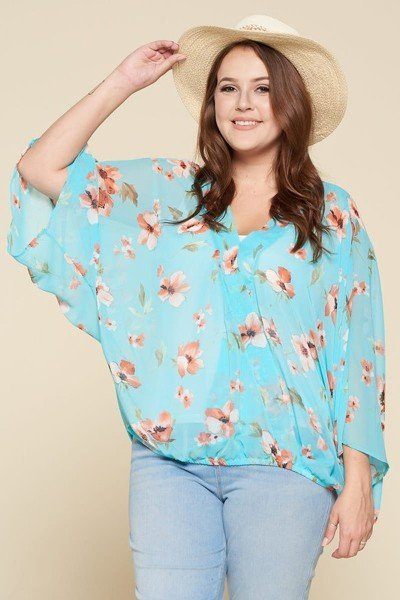 Plus Size Floral Chiffon Sheer Surplice Top