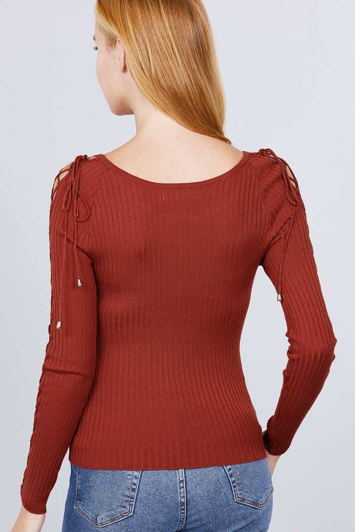 Long Sleeve W/strappy Detail Round Neck Rib Sweater Top