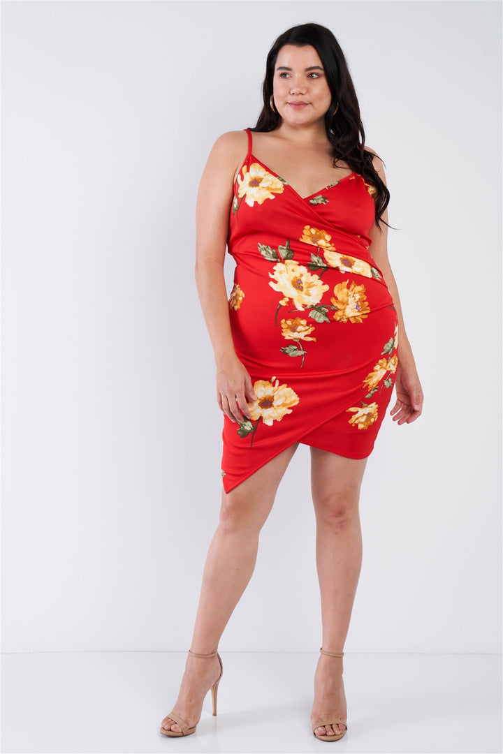 Plus Size Fit, Floral Designed Print V-neck Cinched Size Chic Mini Dress