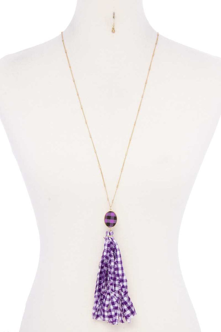 Checkered Pattern Fabric Tassel Necklace