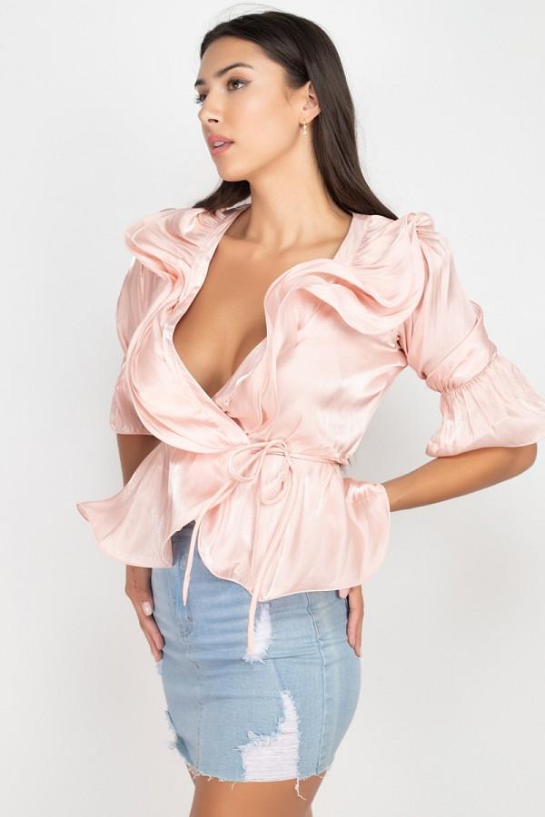 Surplice Short Sleeve Ruffle Top