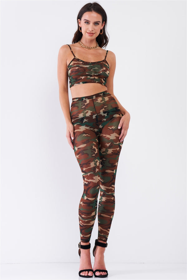Camouflage Sexy Sheer Mesh Sleeveless Crop Top & High Waist Legging Set