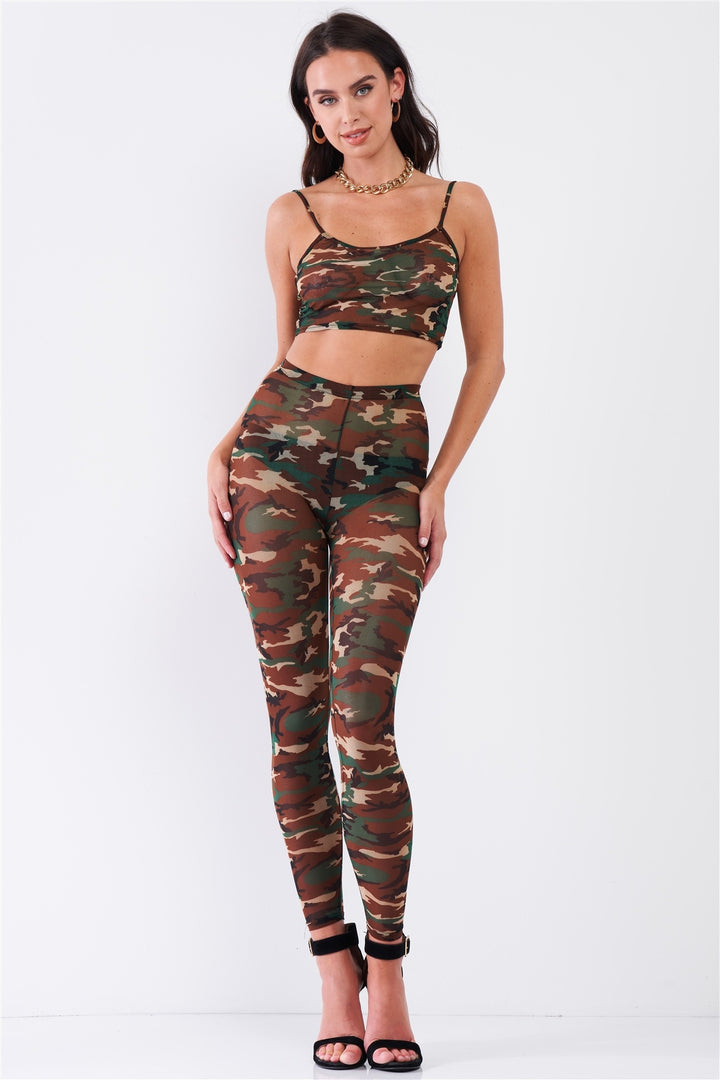 Camouflage Sexy Sheer Mesh Sleeveless Crop Top & High Waist Legging Set