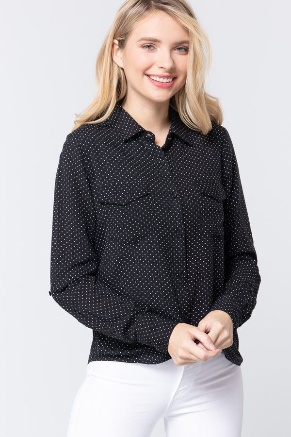 Roll Up Slv Dot Print Classic Shirt