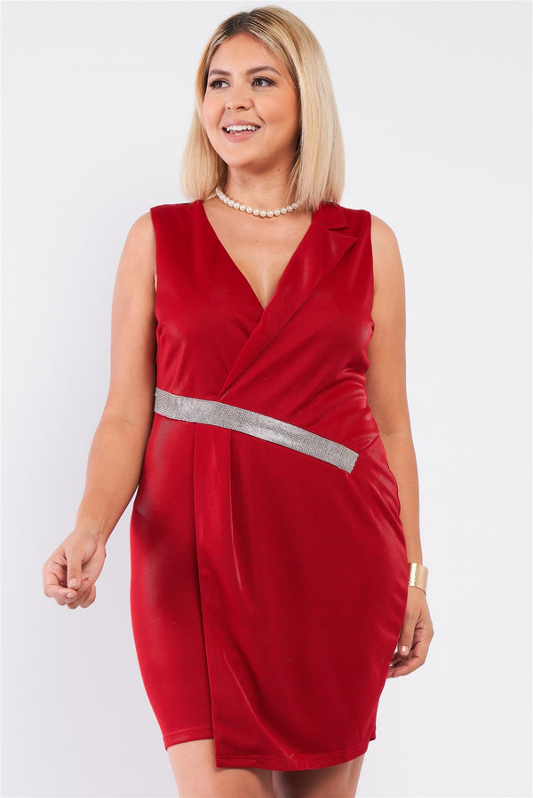 Stylish Sleeveless V-neck Asymmetrical Wrap Rhinestones Detailed Fitted Mini Blazer Dress