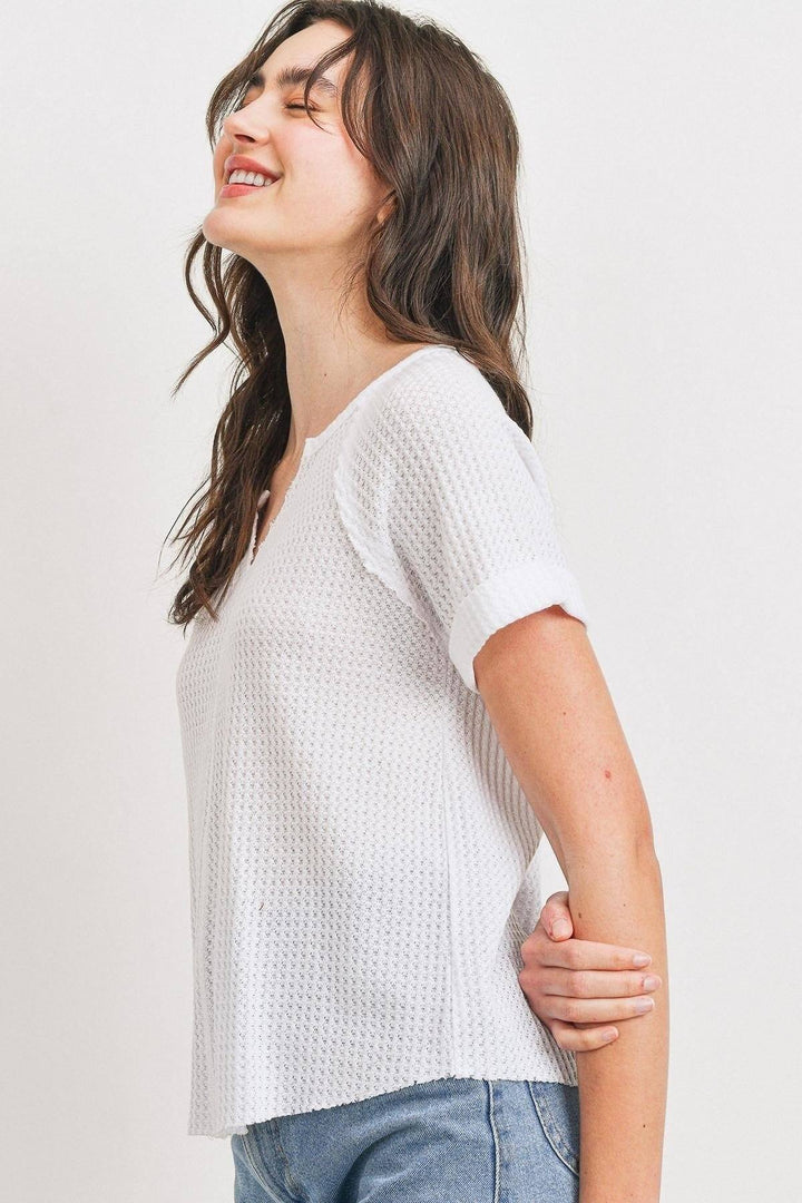 Waffle Raw Edge V-neck Rolled Up Short Sleeves Top
