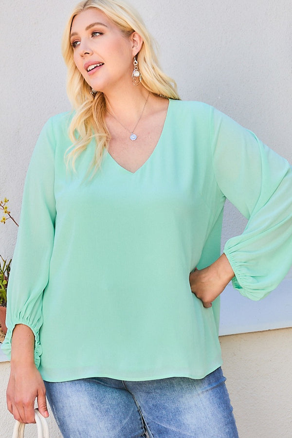 V Neck Bubble Sleeve Solid Top