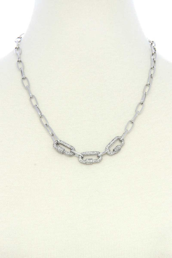 3 Screw Lcok Rhinestone Charm Oval Link Metal Necklace