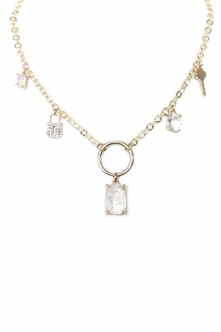 Metal Chain Crystal Stone Lock And Key Dangle Necklace