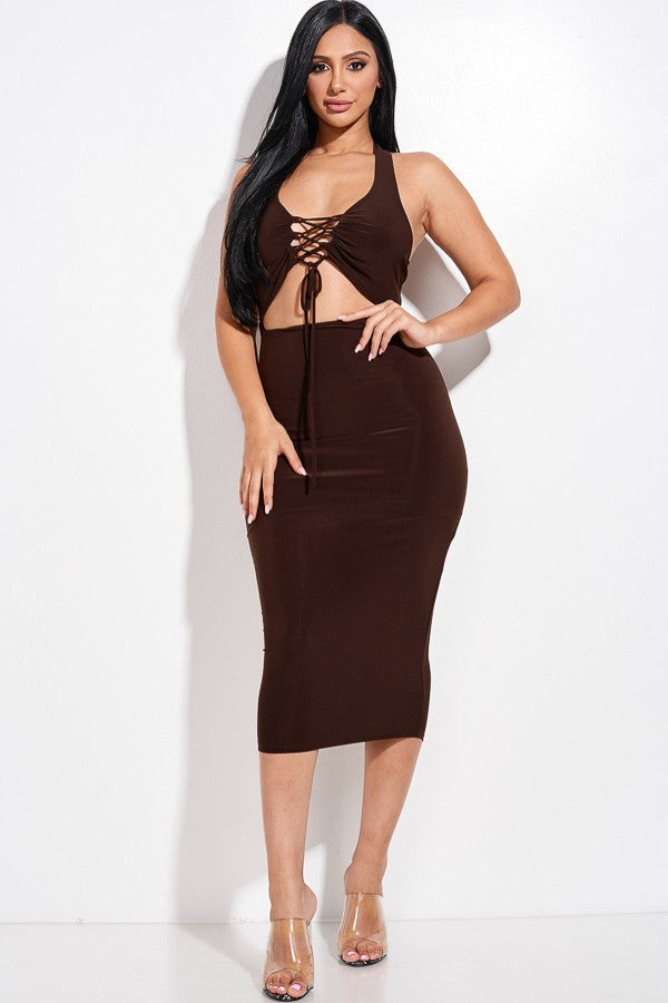 Solid Halter Neck Midi Dress With Criss Cross Front And Cutout Stylish Dress