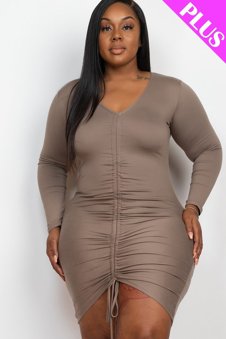 Plus Size Drawstring Ruched Front Stylish Mini Dress