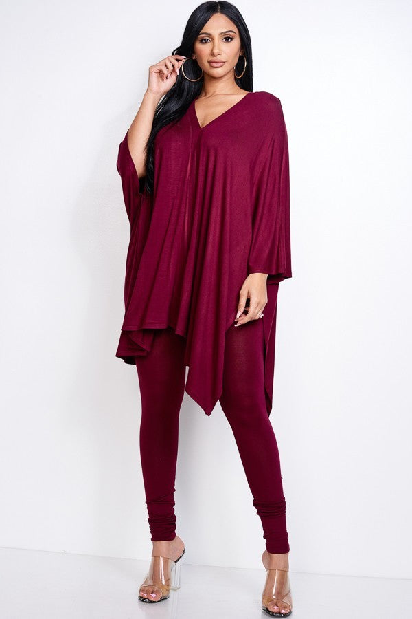 Solid Heavy Rayon Spandex Cape Top And And Leggings 2 Piece Set