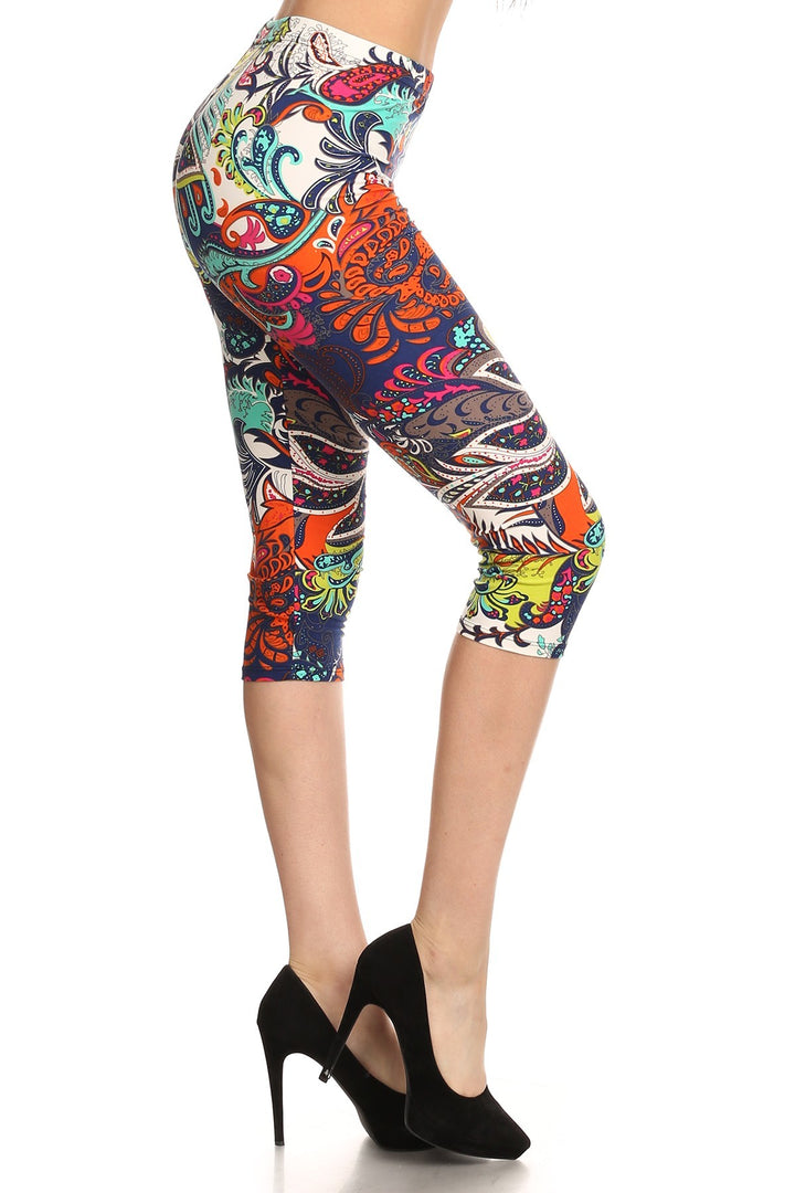 Multi-color Ornate Print Cropped Length Fitted Leggings With High Elastic Waist.