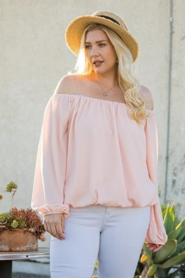 Off Shoulder Long Bubble Sleeve Solid Top