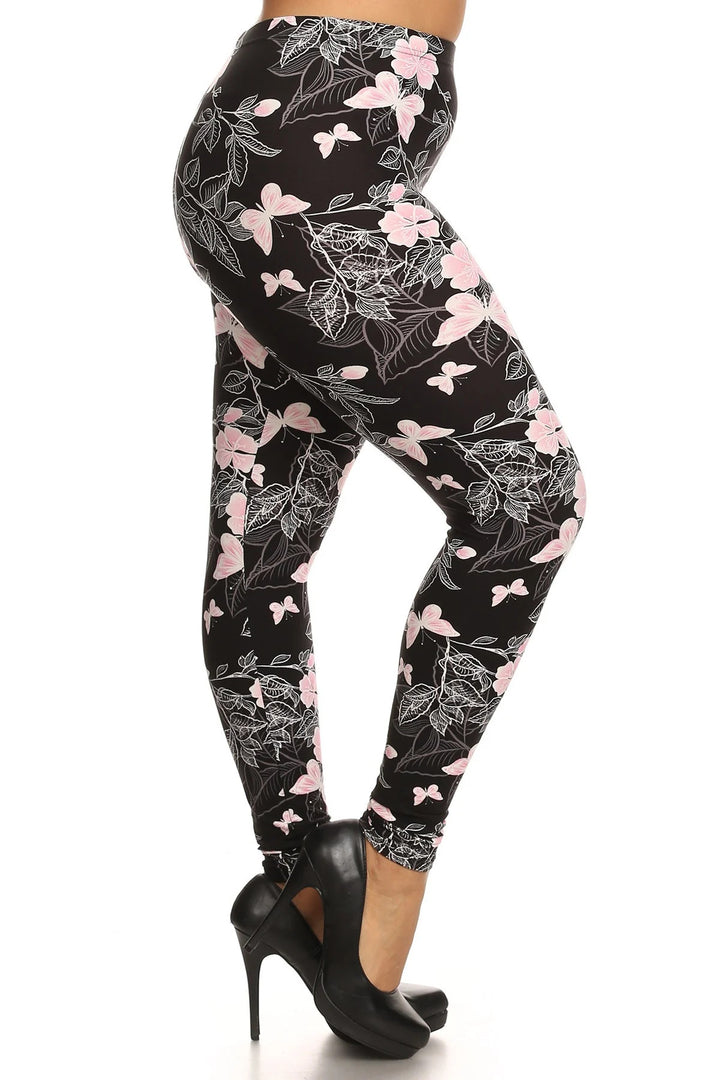 Plus Size Super Soft Peach Skin Fabric, Butterfly Graphic Printed Knit Legging With Elastic Waist Detail