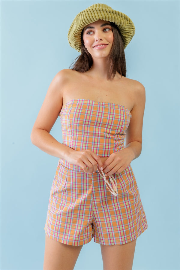 Orange & Aqua Plaid Print Cotton Strapless Crop Top & High Waist Two Pocket Shorts Set